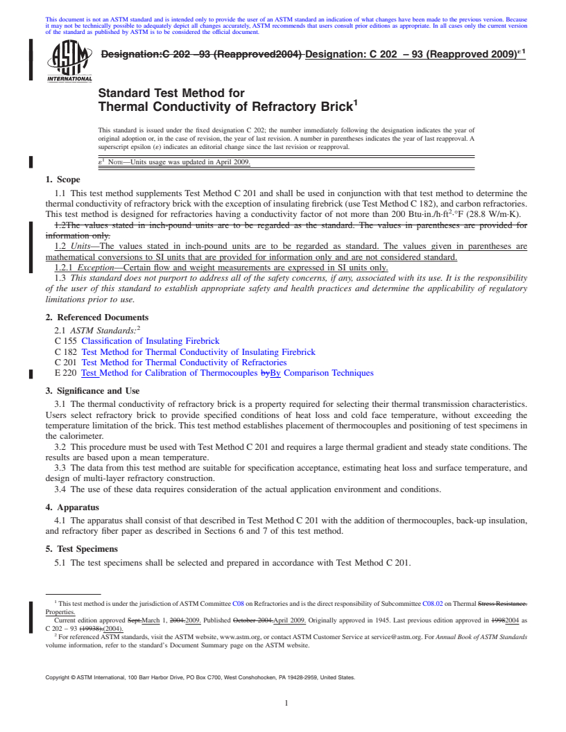 REDLINE ASTM C202-93(2009)e1 - Standard Test Method for Thermal Conductivity of Refractory Brick