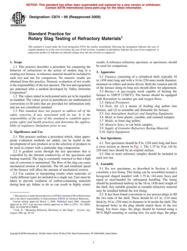 ASTM C874-99(2009) - Standard Practice for Rotary Slag Testing of Refractory Materials