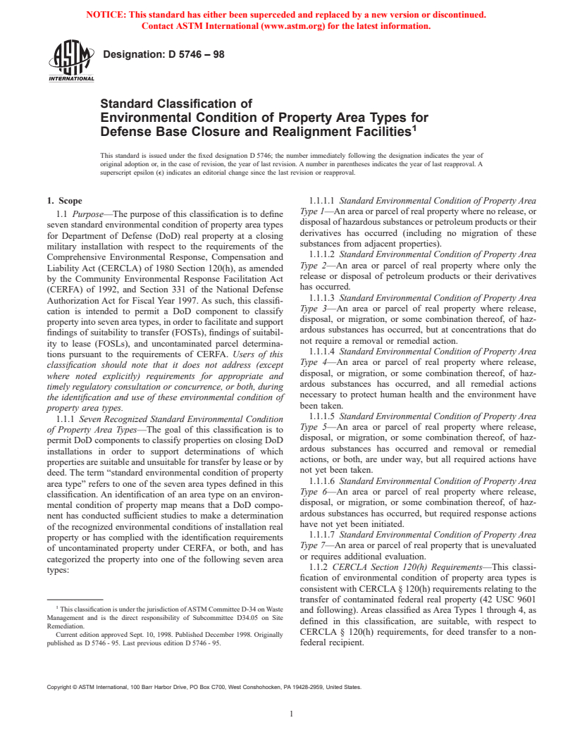 ASTM D5746-98 - Standard Classification of Environmental Condition of Property Area Types for Defense Base Closure and Realignment Facilities