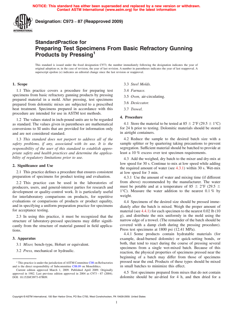 ASTM C973-87(2009) - Standard Practice for Preparing Test Specimens From Basic Refractory Gunning Products by Pressing