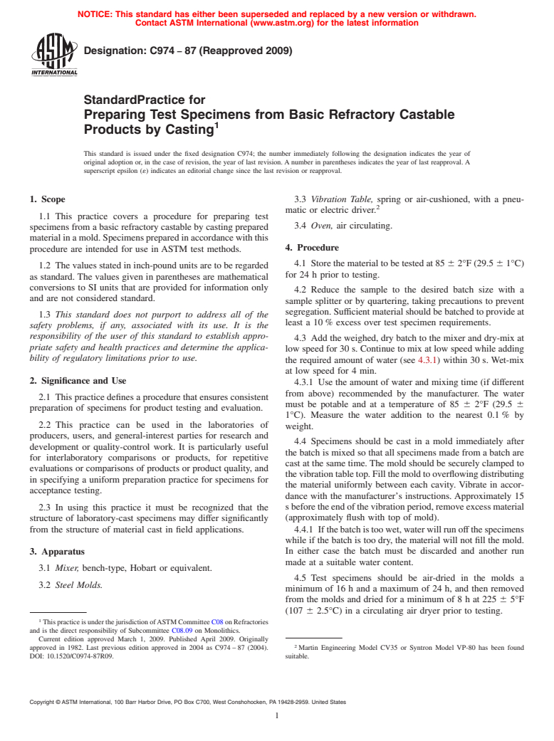 ASTM C974-87(2009) - Standard Practice for Preparing Test Specimens from Basic Refractory Castable Products by Casting