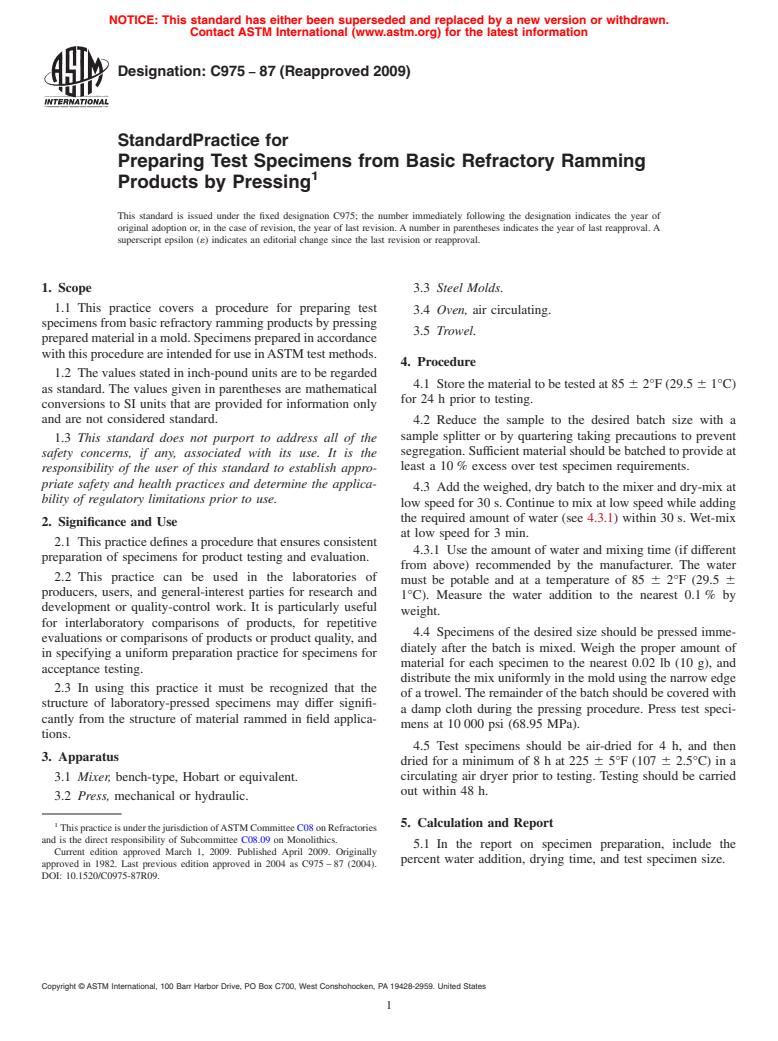 ASTM C975-87(2009) - Standard Practice for Preparing Test Specimens from Basic Refractory Ramming Products by Pressing