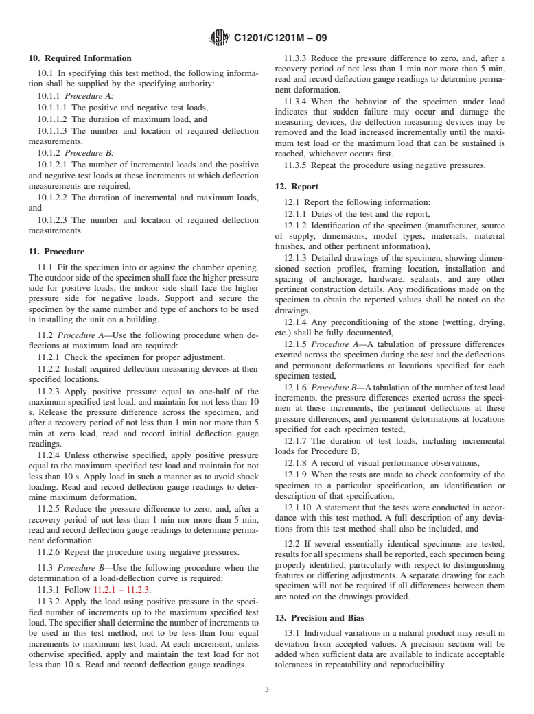 ASTM C1201/C1201M-09 - Standard Test Method for Structural Performance of Exterior Dimension Stone Cladding Systems by Uniform Static Air Pressure Difference