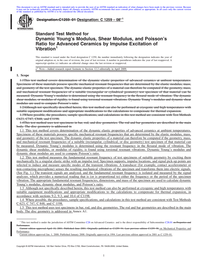 REDLINE ASTM C1259-08e1 - Standard Test Method for Dynamic Young's Modulus, Shear Modulus, and Poisson's Ratio for Advanced Ceramics by Impulse Excitation of Vibration