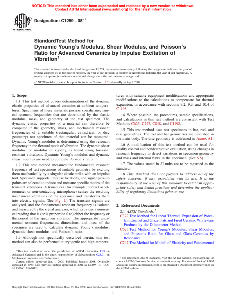 ASTM C1259-08e1 - Standard Test Method for Dynamic Young's Modulus, Shear Modulus, and Poisson's Ratio for Advanced Ceramics by Impulse Excitation of Vibration