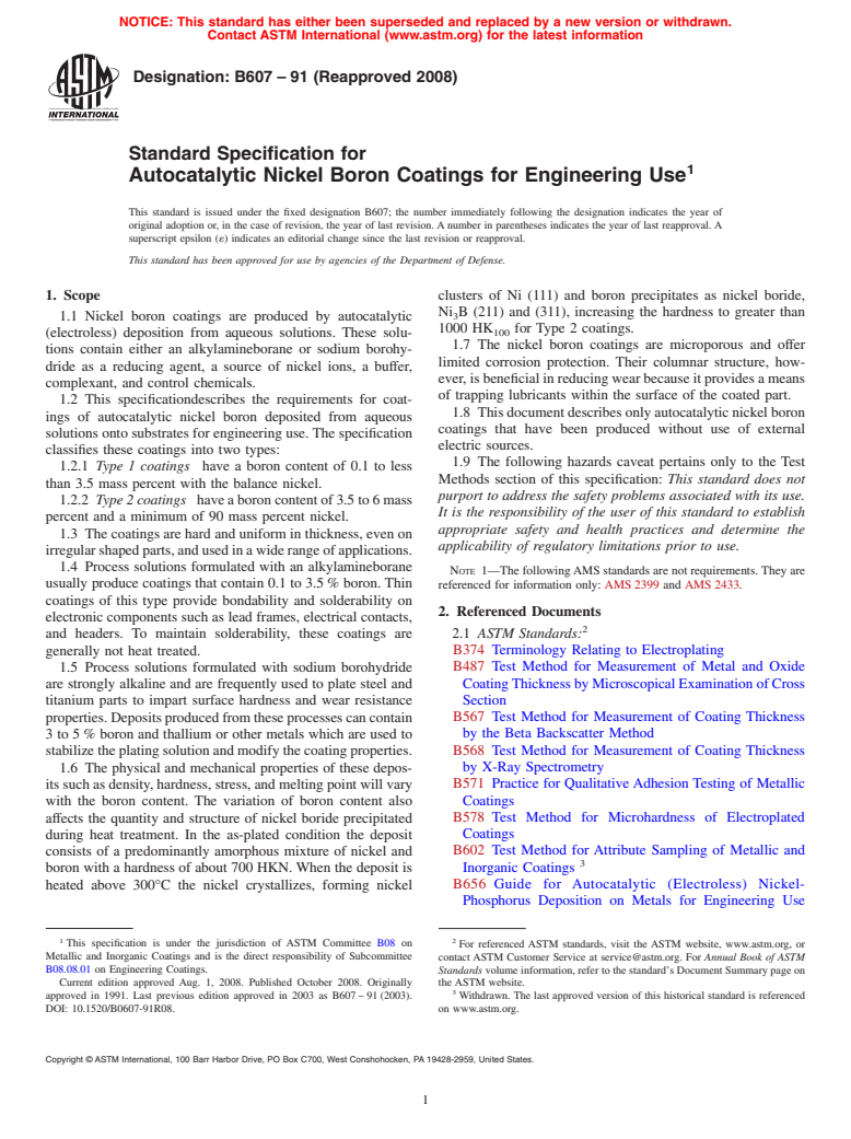 ASTM B607-91(2008) - Standard Specification for Autocatalytic Nickel Boron Coatings for Engineering Use