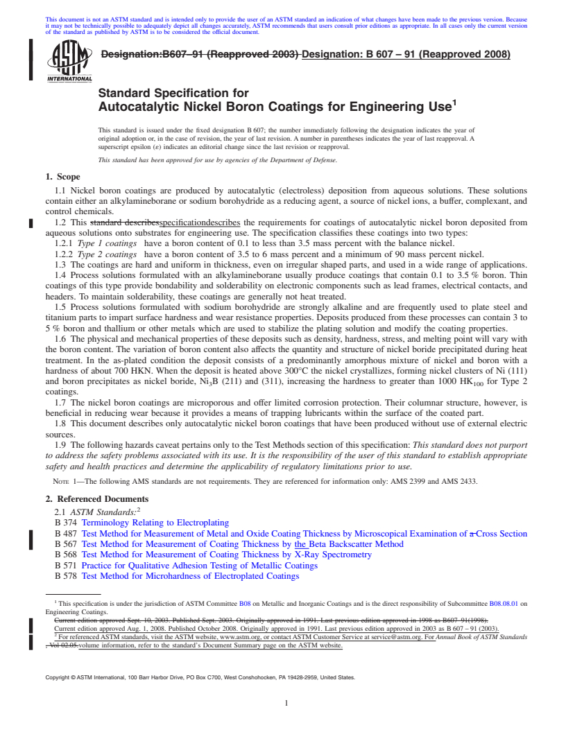 REDLINE ASTM B607-91(2008) - Standard Specification for Autocatalytic Nickel Boron Coatings for Engineering Use