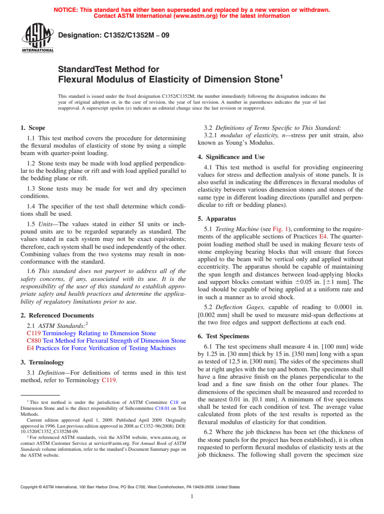 ASTM C1352/C1352M-09 - Standard Test Method for Flexural Modulus of Elasticity of Dimension Stone