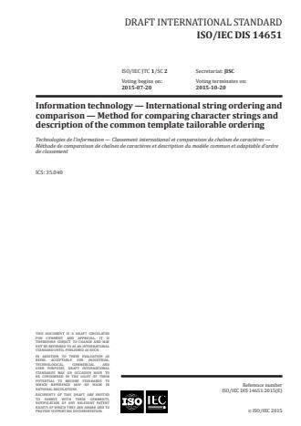ISO/IEC 14651:2016 - Information technology -- International string ordering and comparison -- Method for comparing character strings and description of the common template tailorable ordering
