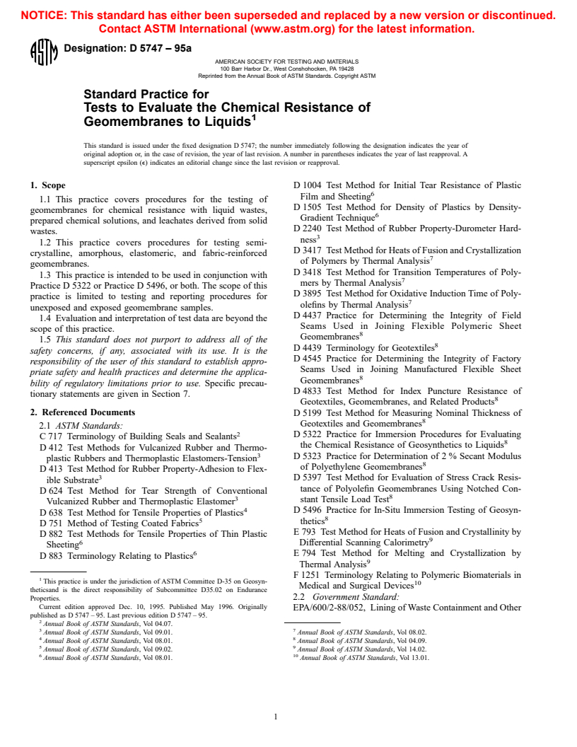 ASTM D5747-95a - Standard Practice For Tests To Evaluate The Chemical ...