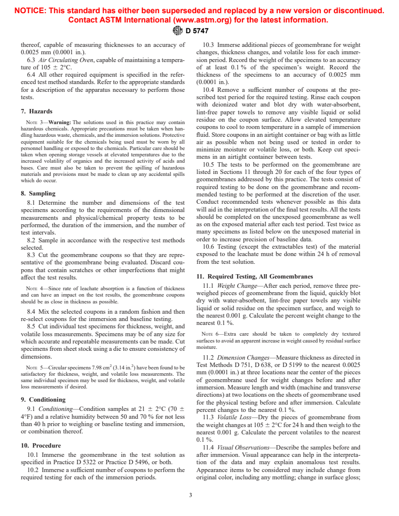 ASTM D5747-95a - Standard Practice for Tests to Evaluate the Chemical Resistance of Geomembranes to Liquids