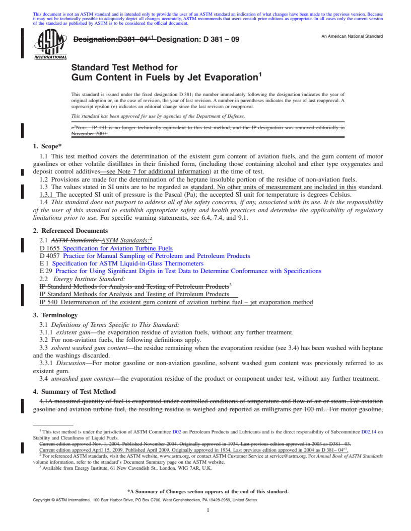 REDLINE ASTM D381-09 - Standard Test Method for Gum Content in Fuels by Jet Evaporation