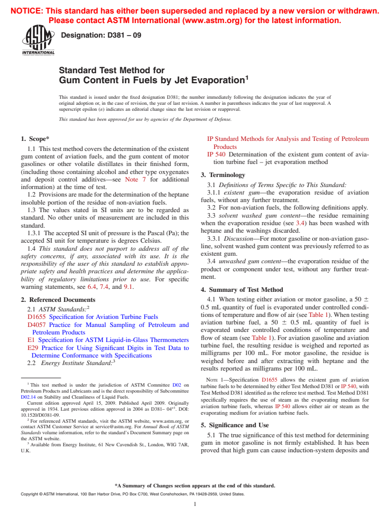 ASTM D381-09 - Standard Test Method for Gum Content in Fuels by Jet Evaporation