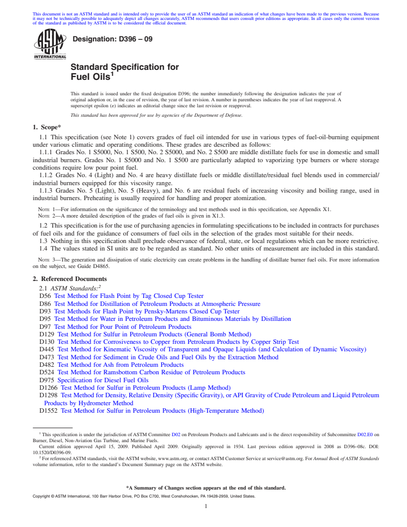 REDLINE ASTM D396-09 - Standard Specification for Fuel Oils