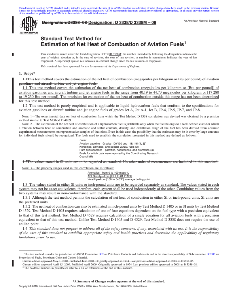 REDLINE ASTM D3338/D3338M-09 - Standard Test Method for Estimation of Net Heat of Combustion of Aviation Fuels