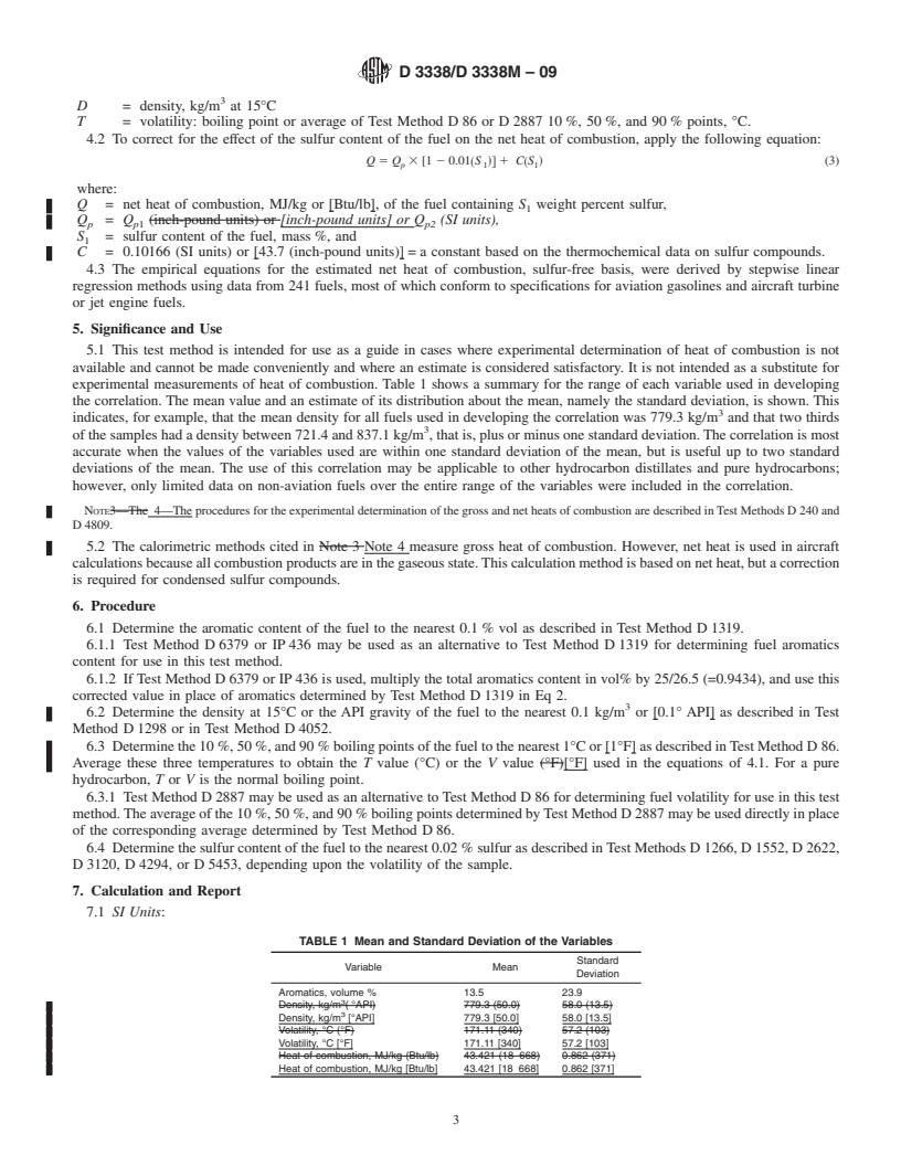 REDLINE ASTM D3338/D3338M-09 - Standard Test Method for Estimation of Net Heat of Combustion of Aviation Fuels