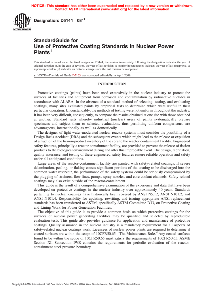 ASTM D5144-08e1 - Standard Guide for Use of Protective Coating Standards in Nuclear Power Plants