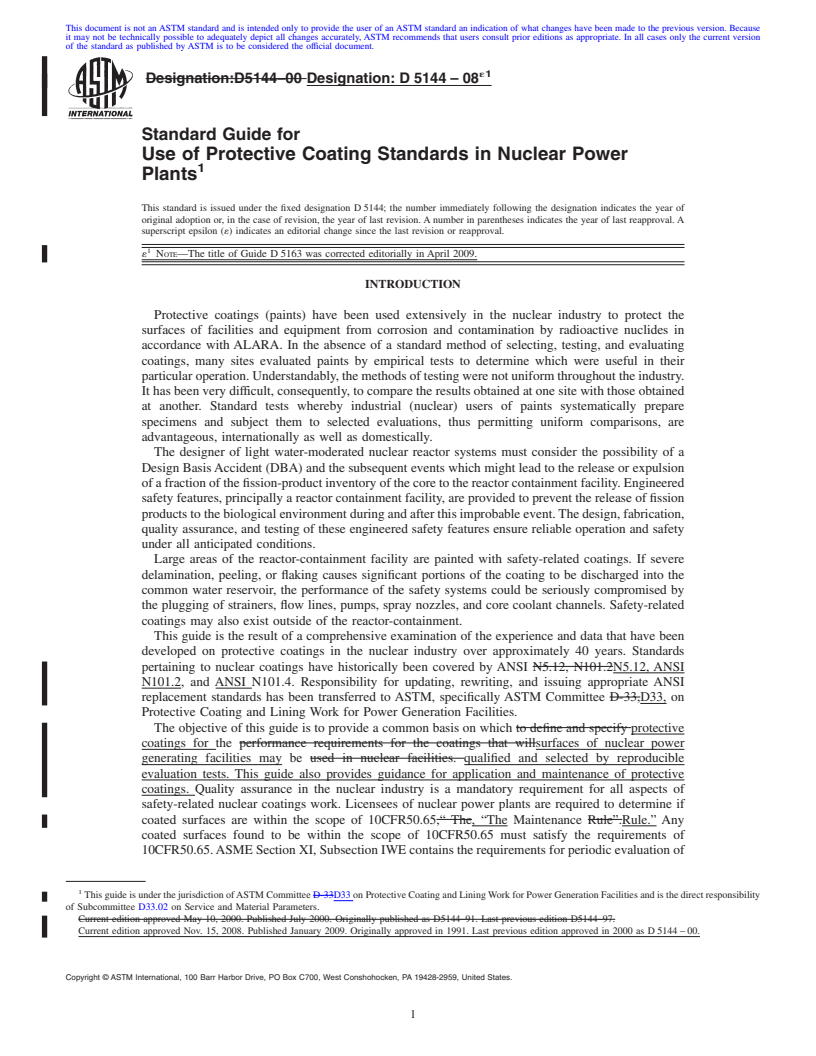 REDLINE ASTM D5144-08e1 - Standard Guide for Use of Protective Coating Standards in Nuclear Power Plants