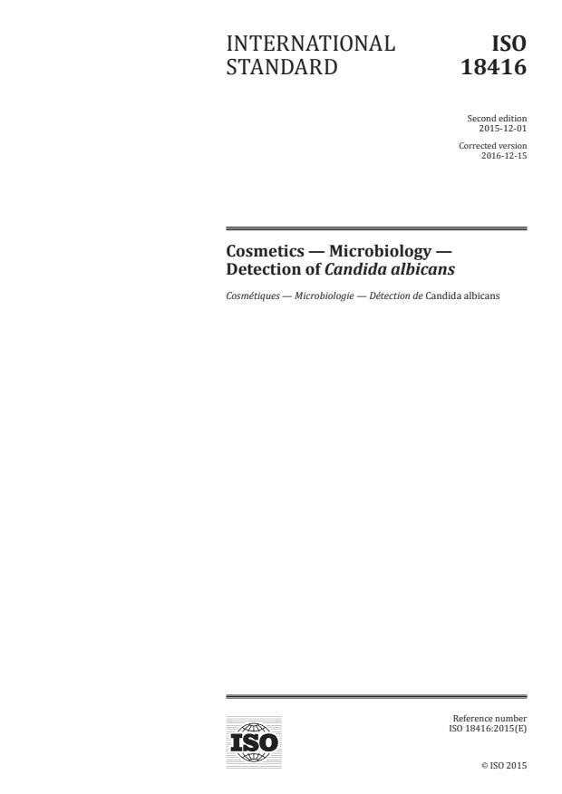 ISO 18416:2015 - Cosmetics -- Microbiology -- Detection of Candida albicans