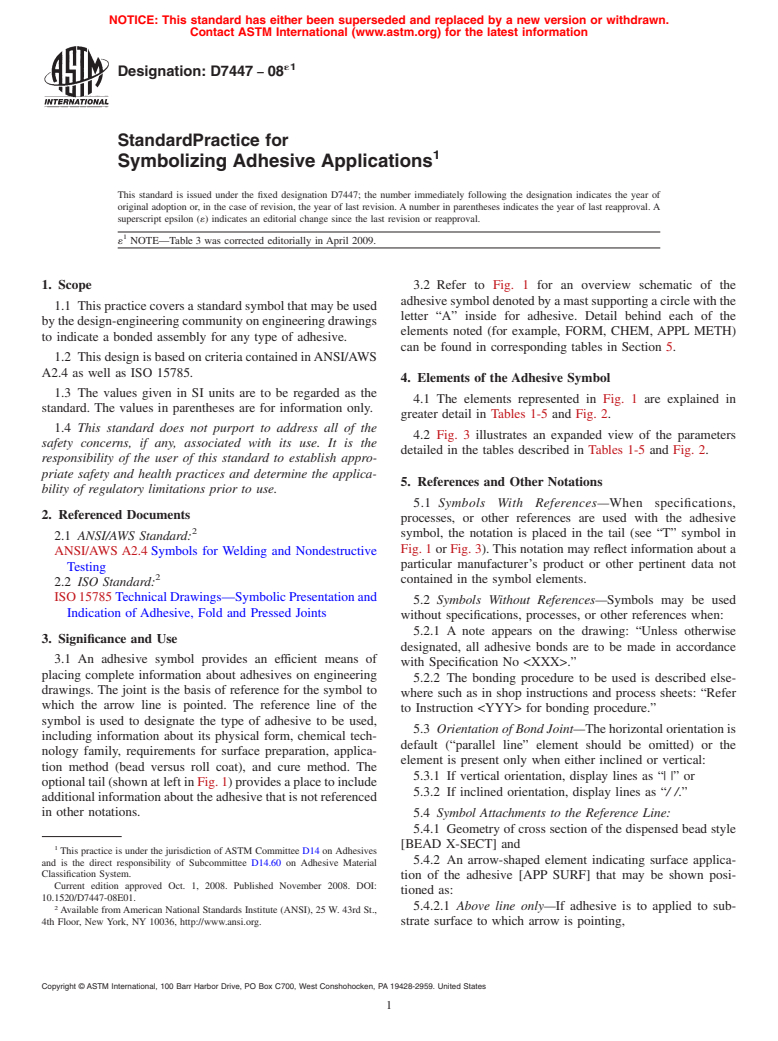 ASTM D7447-08e1 - Standard Practice for Symbolizing Adhesive Applications