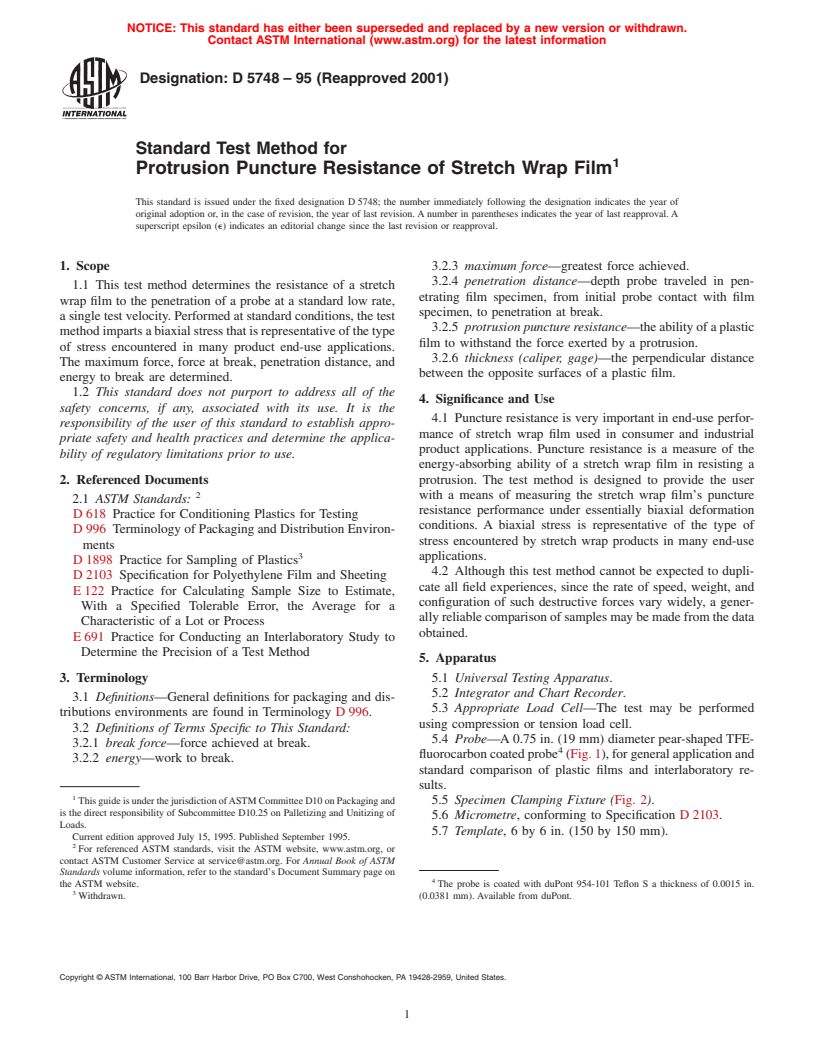 ASTM D5748-95(2001) - Standard Test Method for Protrusion Puncture Resistance of Stretch Wrap Film