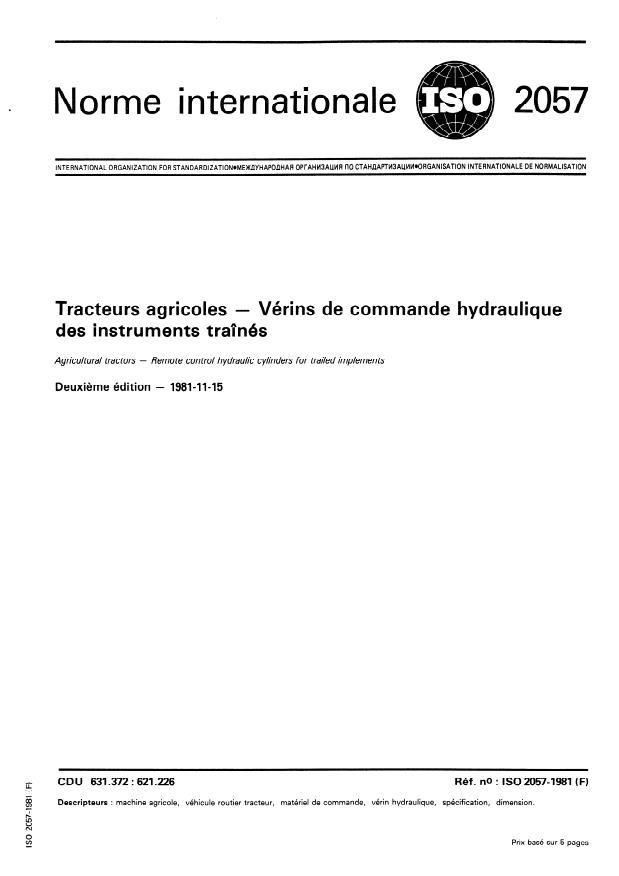 ISO 2057:1981 - Tracteurs agricoles -- Vérins de commande hydraulique des instruments traînés