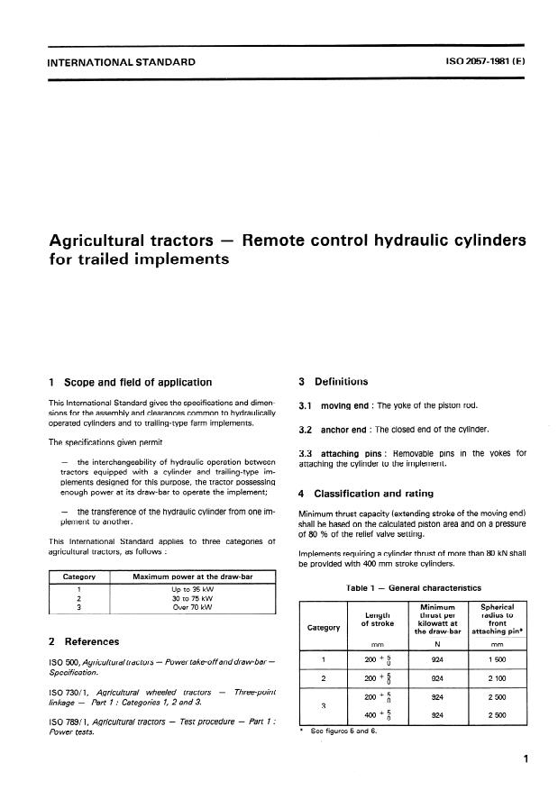 ISO 2057:1981 - Agricultural tractors -- Remote control hydraulic cylinders for trailed implements
