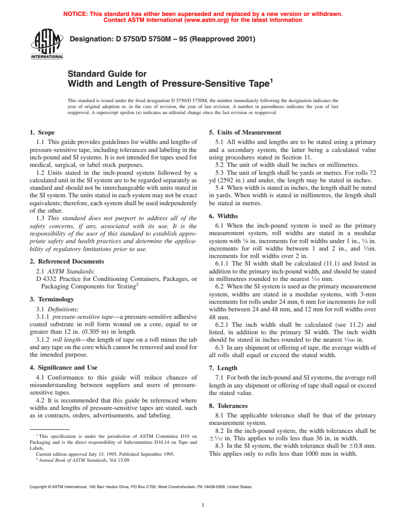 ASTM D5750/D5750M-95(2001) - Standard Guide for Width and Length of Pressure-Sensitive Tape