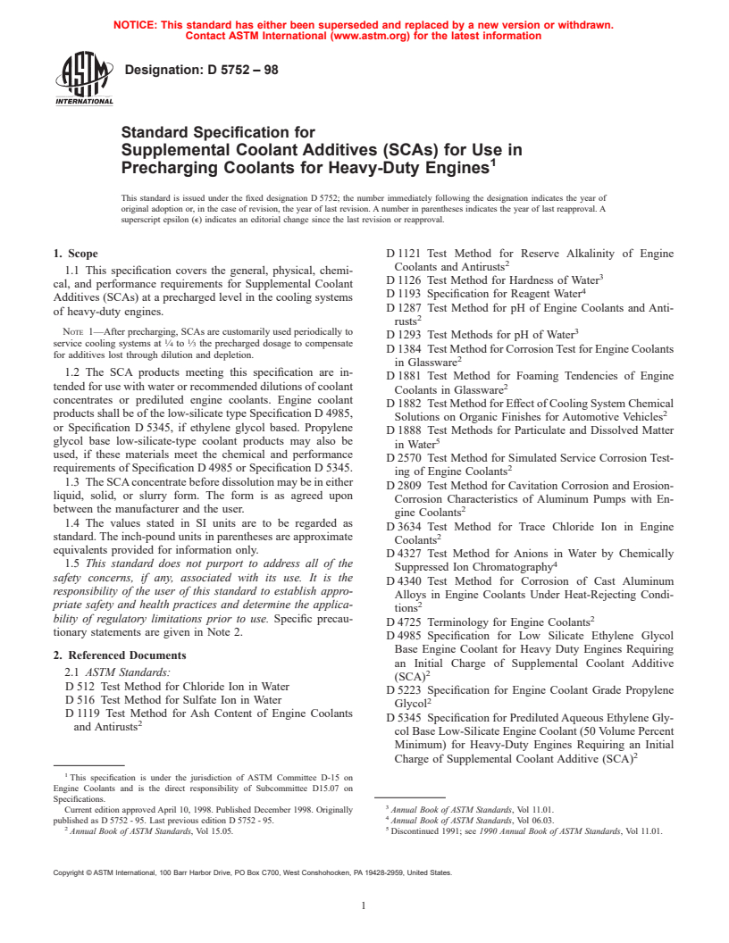 ASTM D5752-98 - Standard Specification for Supplemental Coolant Additives (SCAs) for Use in Precharging Coolants for Heavy-Duty Engines