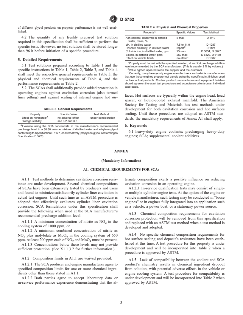 ASTM D5752-98 - Standard Specification for Supplemental Coolant Additives (SCAs) for Use in Precharging Coolants for Heavy-Duty Engines