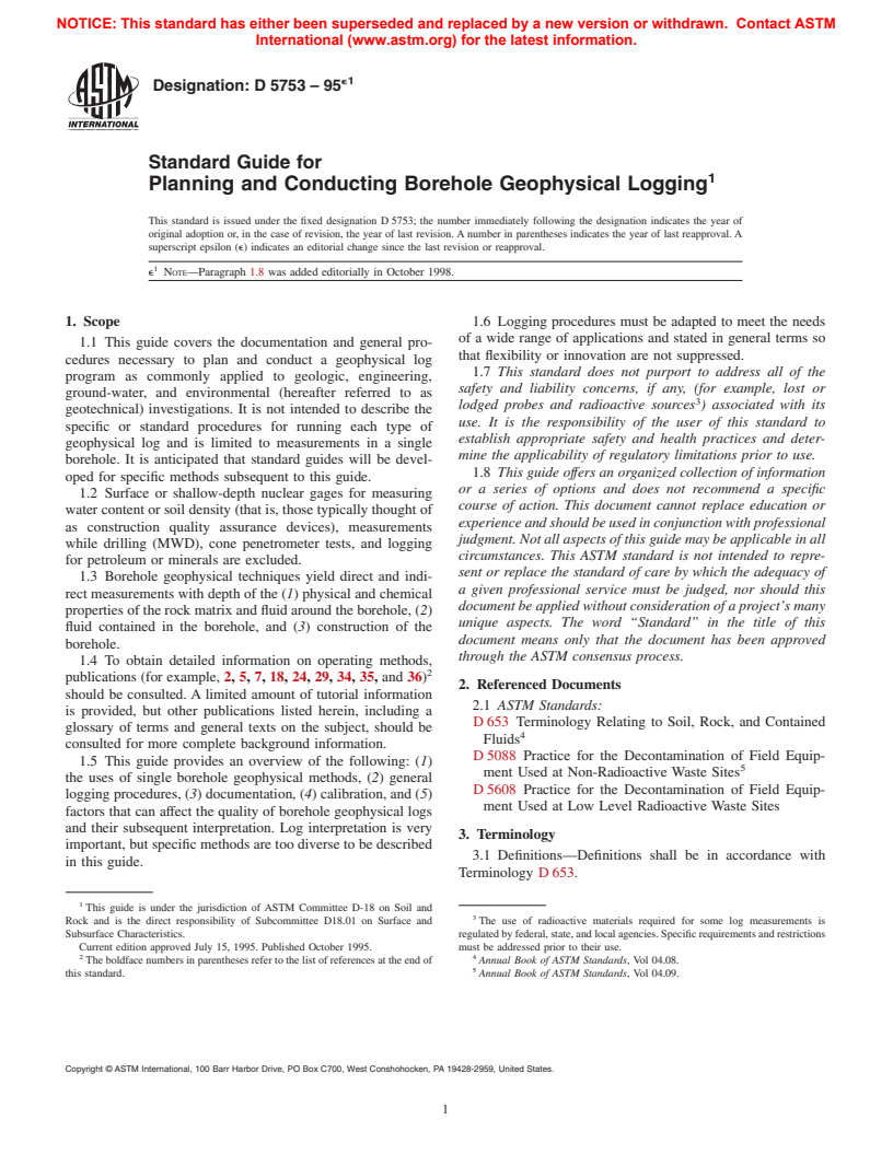 ASTM D5753-95e1 - Standard Guide for Planning and Conducting Borehole Geophysical Logging (Withdrawn 2005)