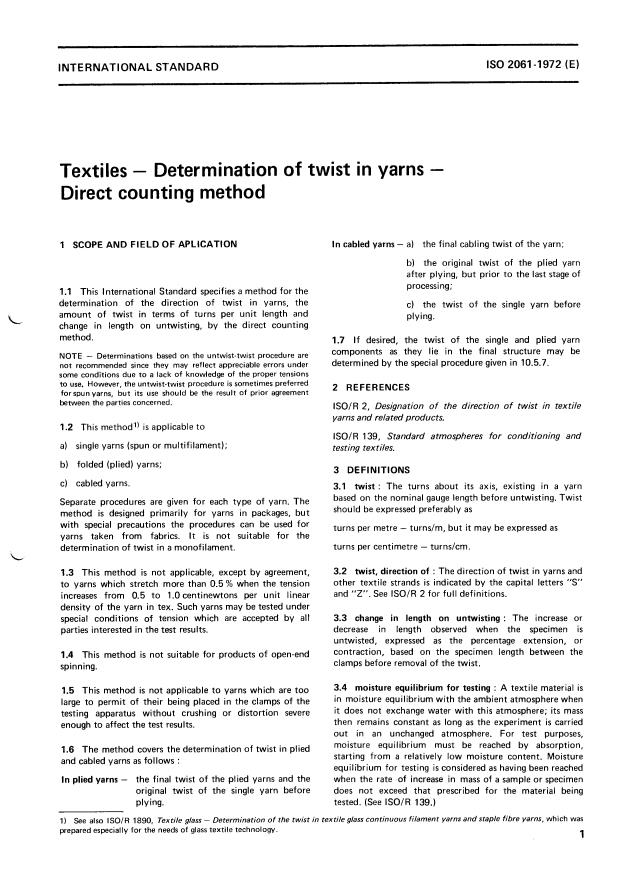 ISO 2061:1972 - Textiles -- Determination of twist in yarns -- Direct counting method