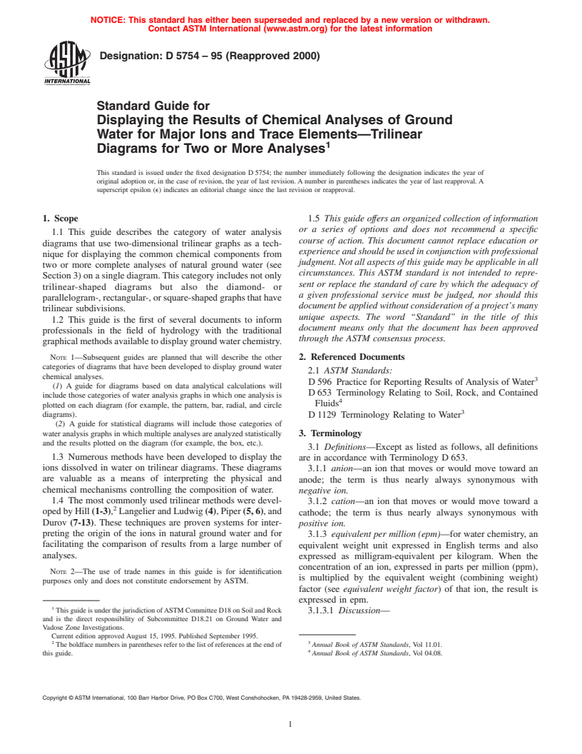 ASTM D5754-95(2000) - Standard Guide for Displaying the Results of Chemical Analyses of Ground Water for Major Ions and Trace Elements-Trilinear Diagrams for Two or More Analyses