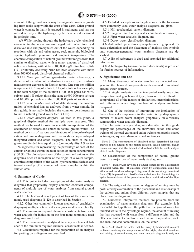 ASTM D5754-95(2000) - Standard Guide for Displaying the Results of Chemical Analyses of Ground Water for Major Ions and Trace Elements-Trilinear Diagrams for Two or More Analyses