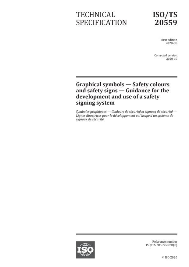 ISO/TS 20559:2020 - Graphical symbols -- Safety colours and safety signs -- Guidance for the development and use of a safety signing system