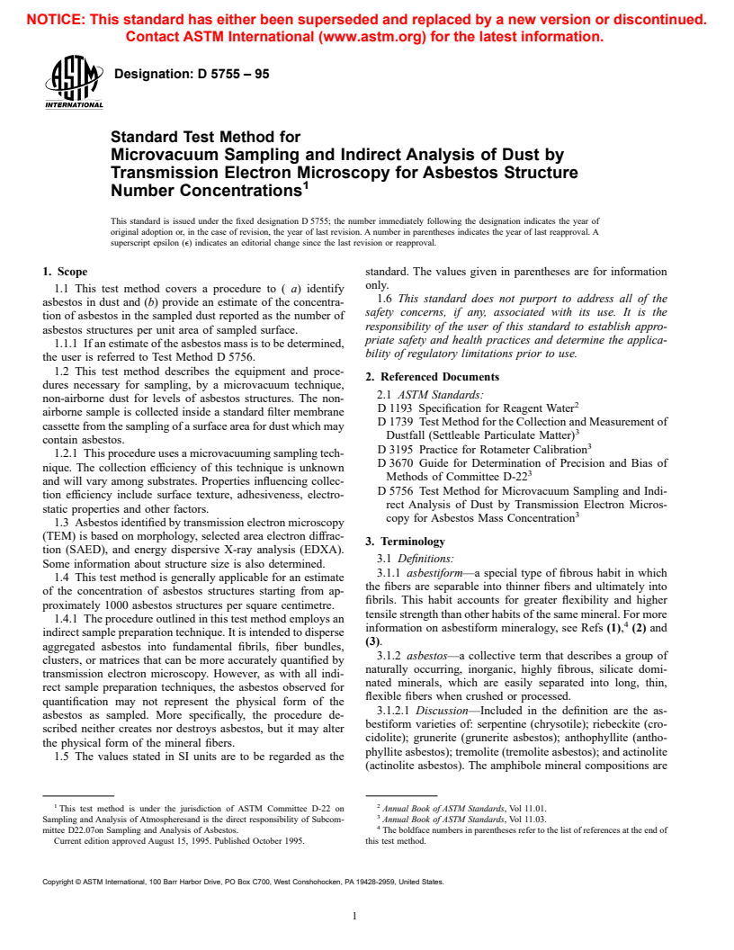 ASTM D5755-95 - Standard Test Method for Microvacuum Sampling and Indirect Analysis of Dust by Transmission Electron Microscopy for Asbestos Structure Number Concentrations