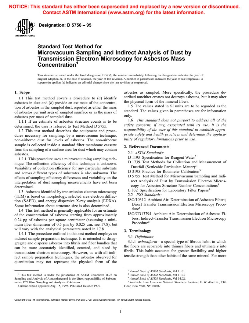 ASTM D5756-95 - Standard Test Method for Microvacuum Sampling and Indirect Analysis of Dust by Transmission Electron Microscopy for Asbestos Mass Concentration