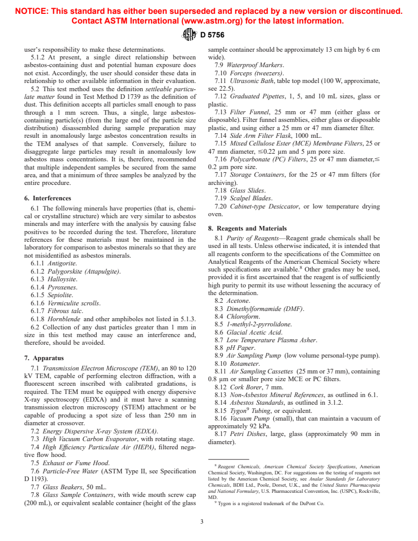 ASTM D5756-95 - Standard Test Method for Microvacuum Sampling and Indirect Analysis of Dust by Transmission Electron Microscopy for Asbestos Mass Concentration