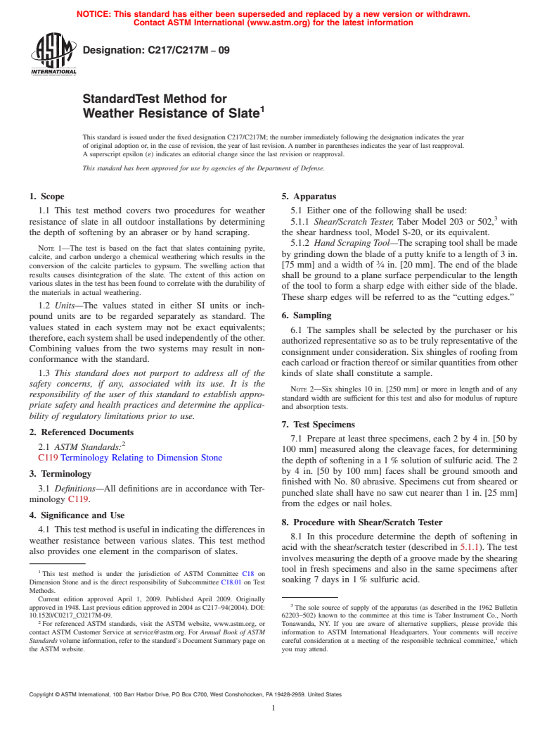 ASTM C217/C217M-09 - Standard Test Method for Weather Resistance of Slate