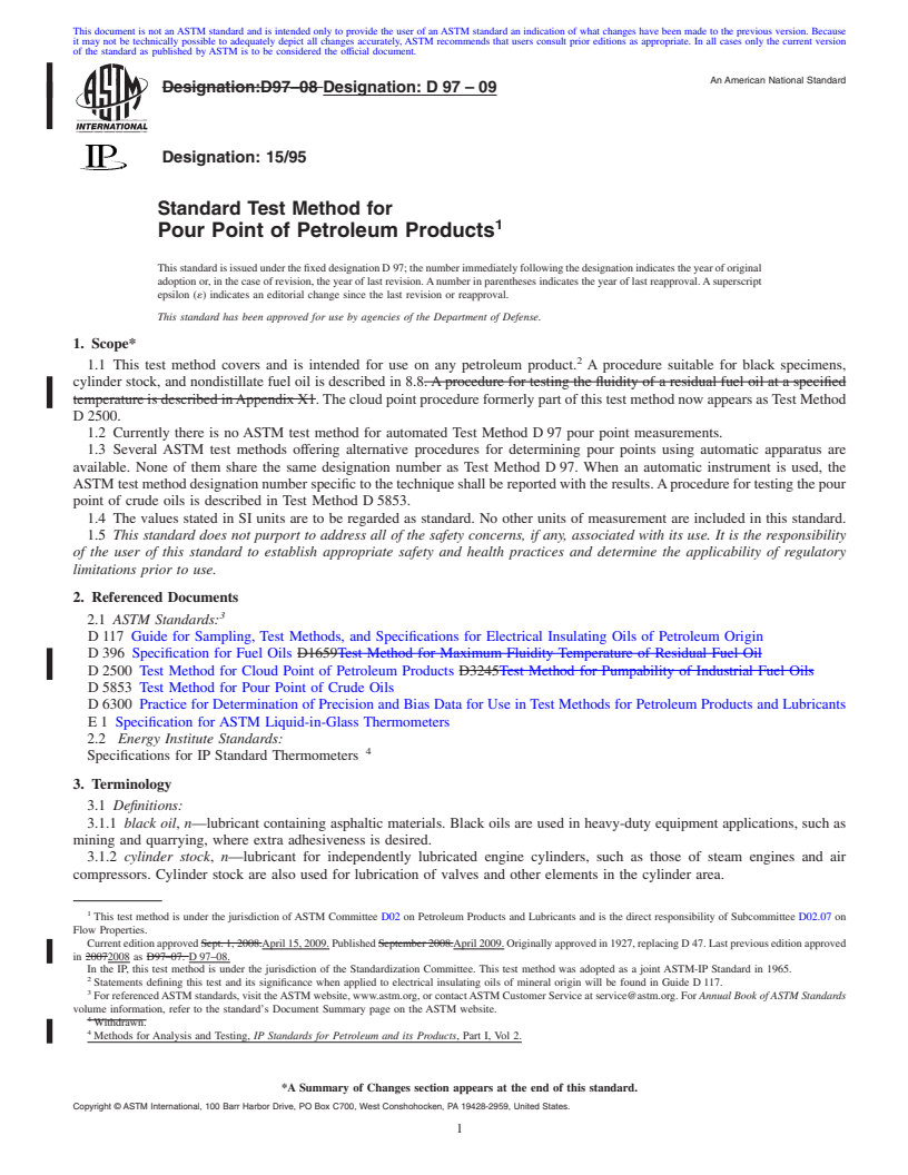 REDLINE ASTM D97-09 - Standard Test Method for Pour Point of Petroleum Products