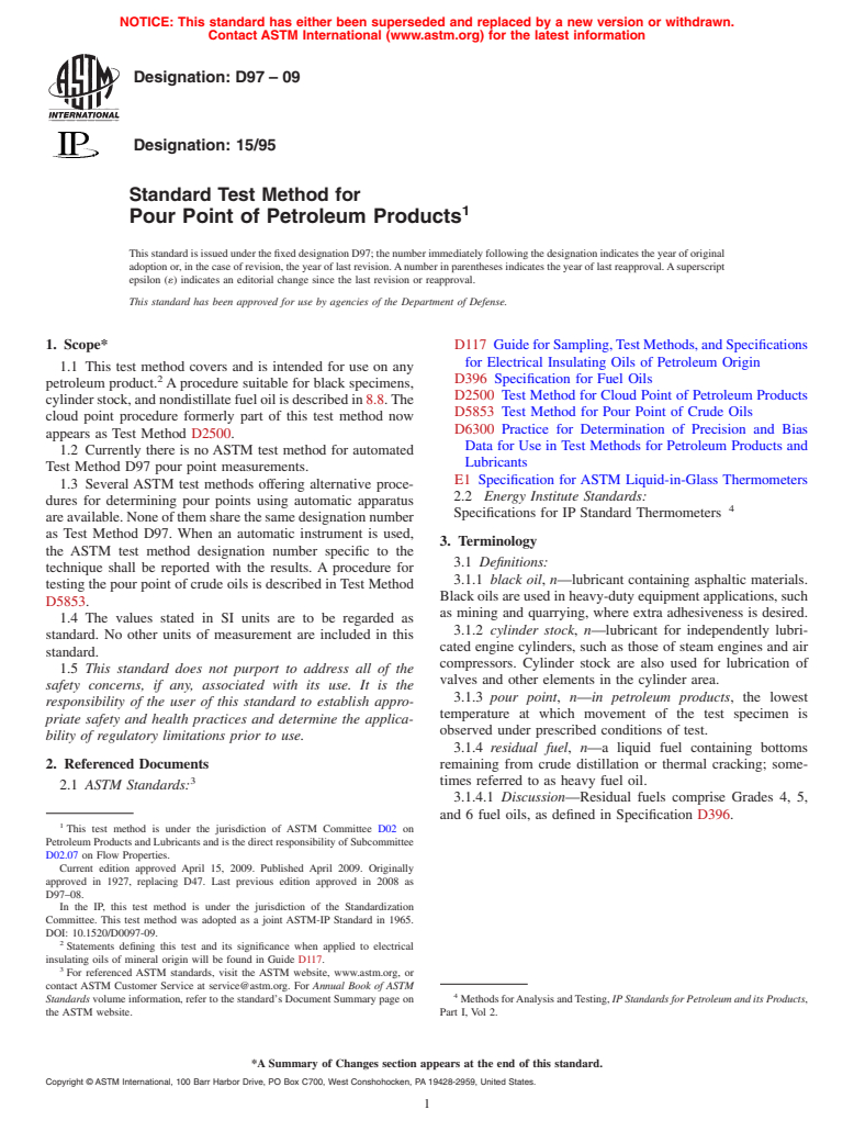 ASTM D97-09 - Standard Test Method for Pour Point of Petroleum Products