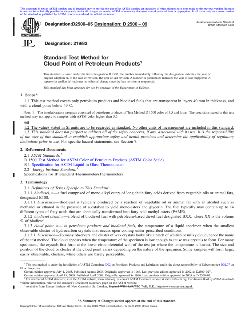 REDLINE ASTM D2500-09 - Standard Test Method for Cloud Point of Petroleum Products