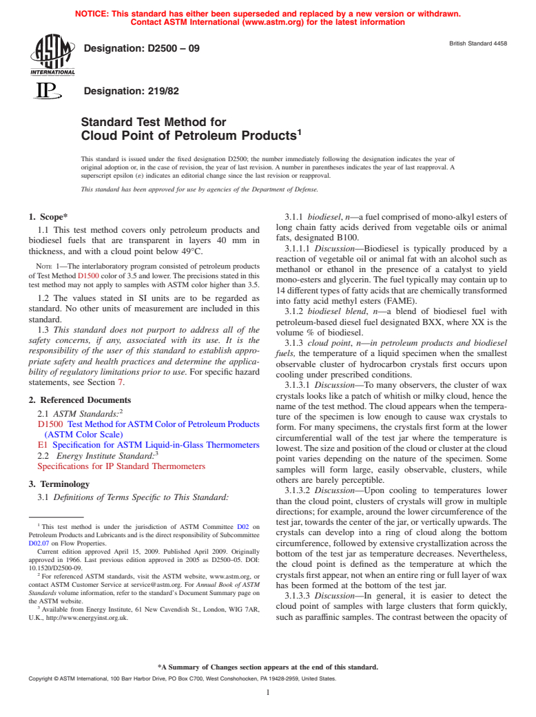 ASTM D2500-09 - Standard Test Method for Cloud Point of Petroleum Products