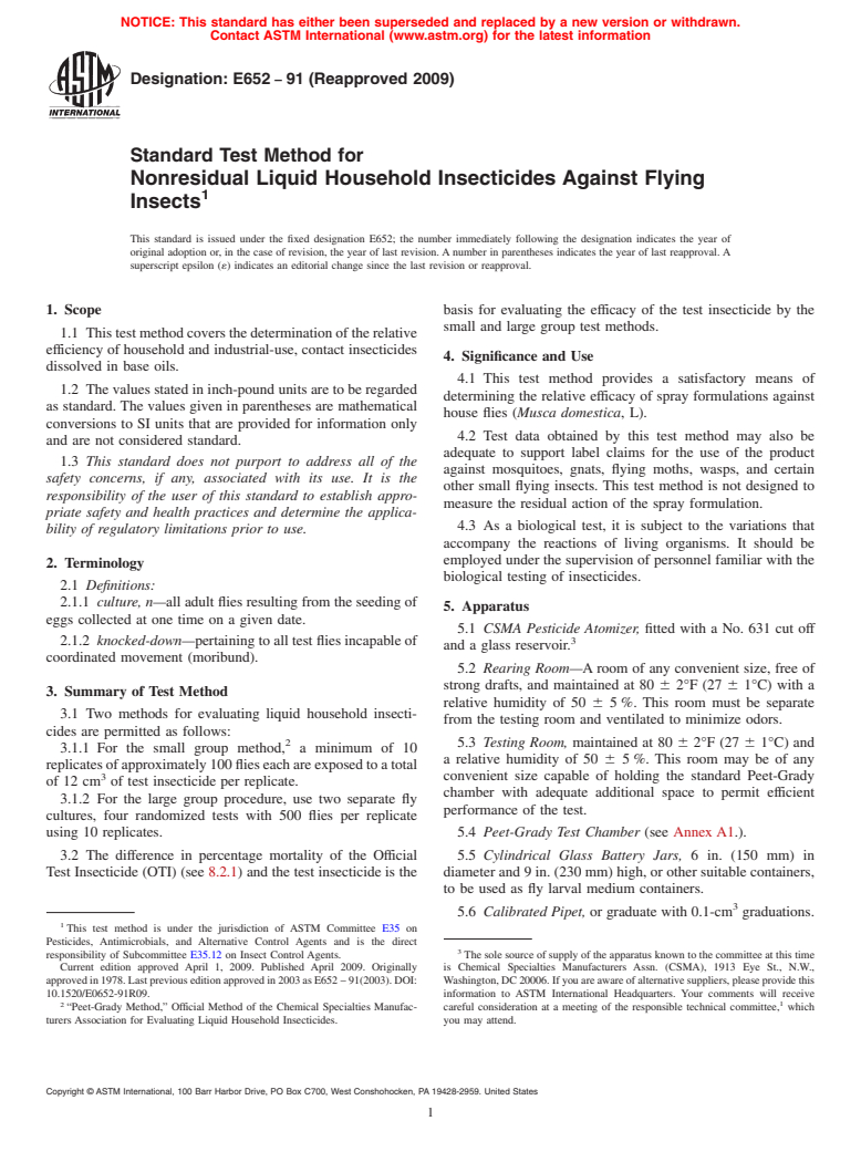 ASTM E652-91(2009) - Standard Test Method for Nonresidual Liquid Household Insecticides Against Flying Insects (Withdrawn 2018)
