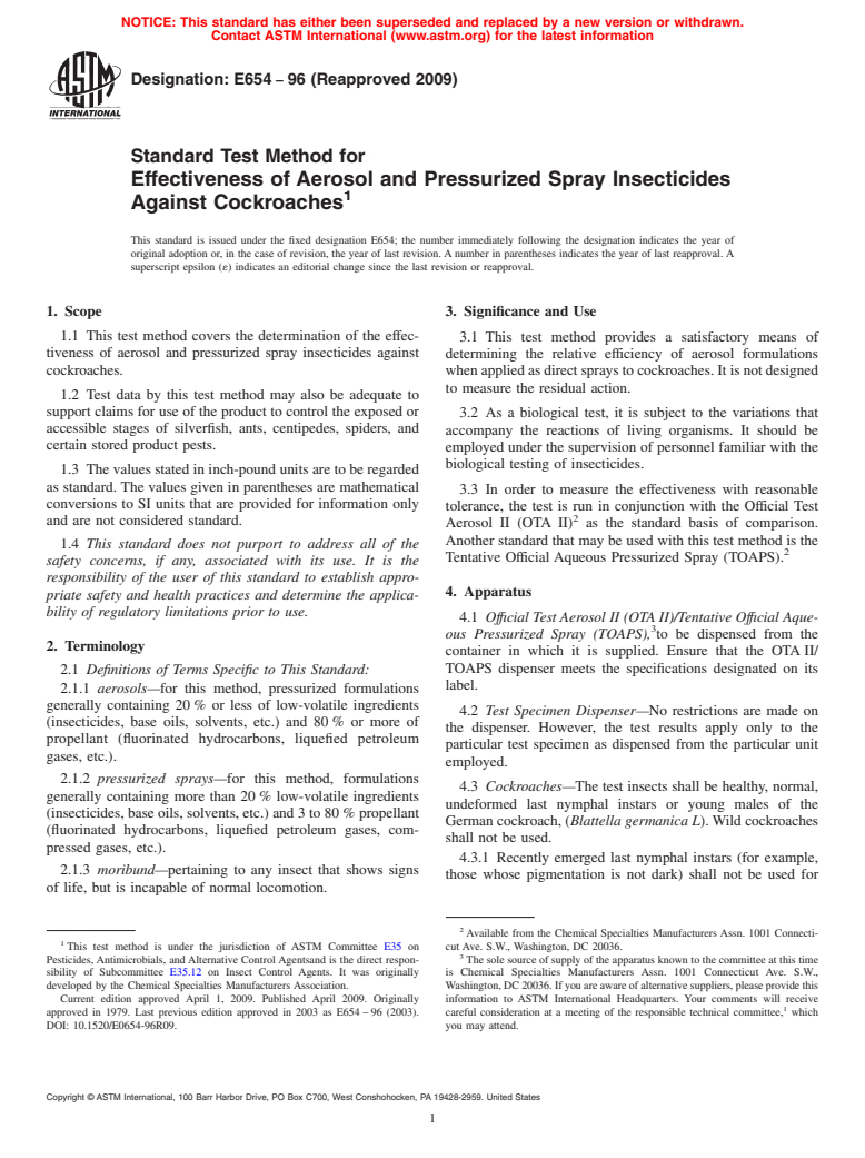 ASTM E654-96(2009) - Standard Test Method for Effectiveness of Aerosol and Pressurized Spray Insecticides Against Cockroaches (Withdrawn 2018)