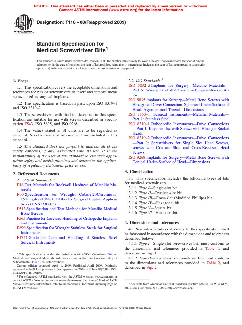 ASTM F116-00(2009) - Standard Specification for Medical Screwdriver Bits