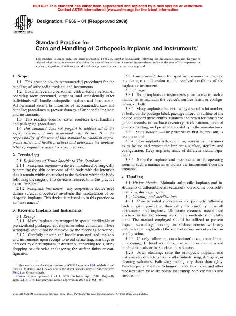 ASTM F565-04(2009) - Standard Practice for Care and Handling of Orthopedic Implants and Instruments