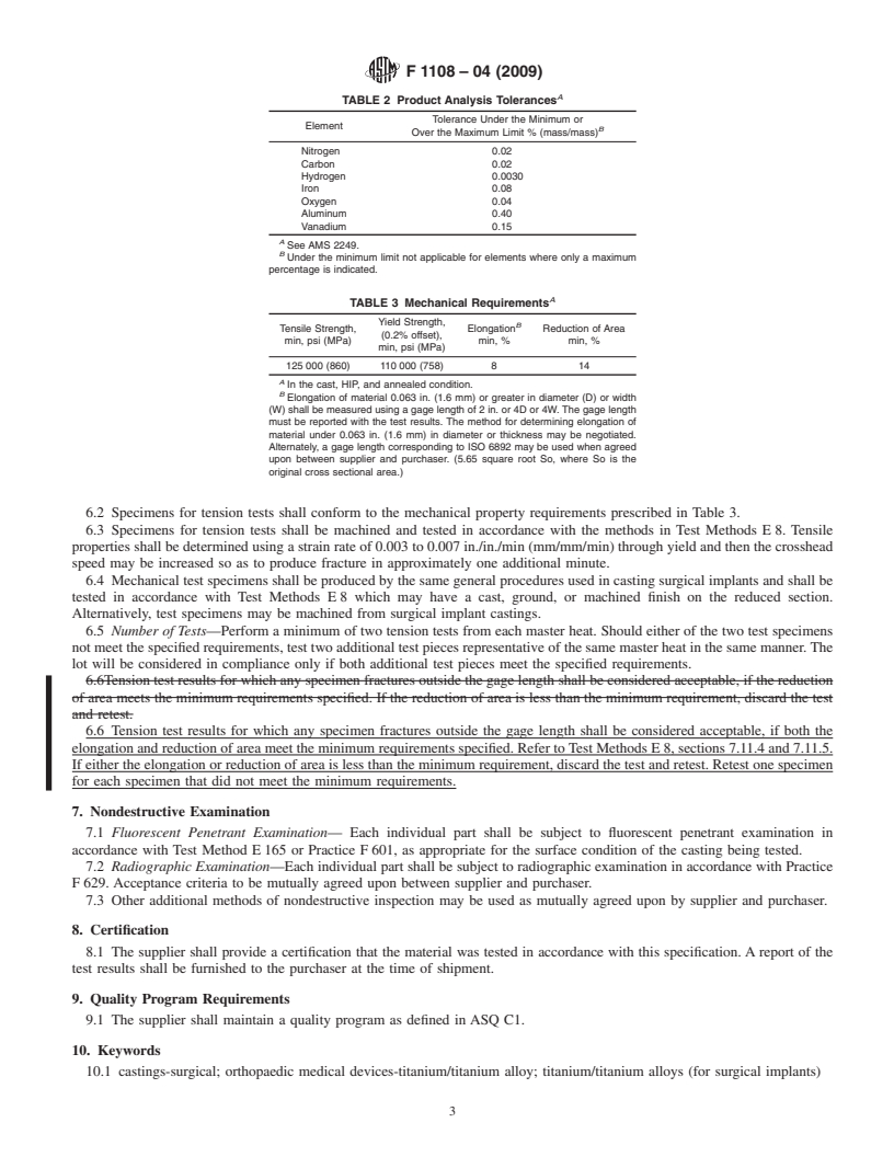 REDLINE ASTM F1108-04(2009) - Standard Specification for Titanium-6Aluminum-4Vanadium Alloy Castings for Surgical Implants (UNS R56406)