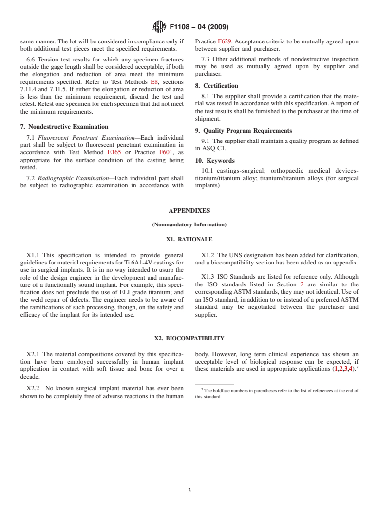 ASTM F1108-04(2009) - Standard Specification for Titanium-6Aluminum-4Vanadium Alloy Castings for Surgical Implants (UNS R56406)