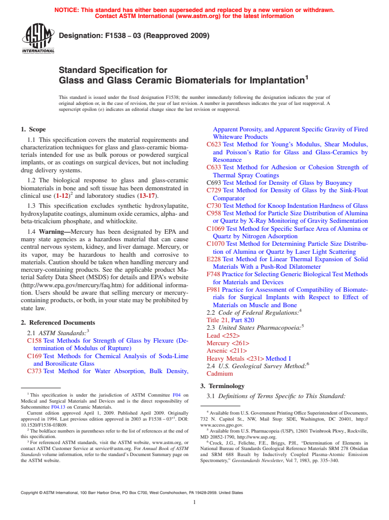 ASTM F1538-03(2009) - Standard Specification for  Glass and Glass Ceramic Biomaterials for Implantation